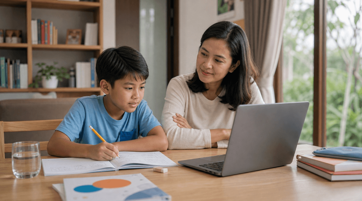 Child completing an interactive online lesson with a parent nearby